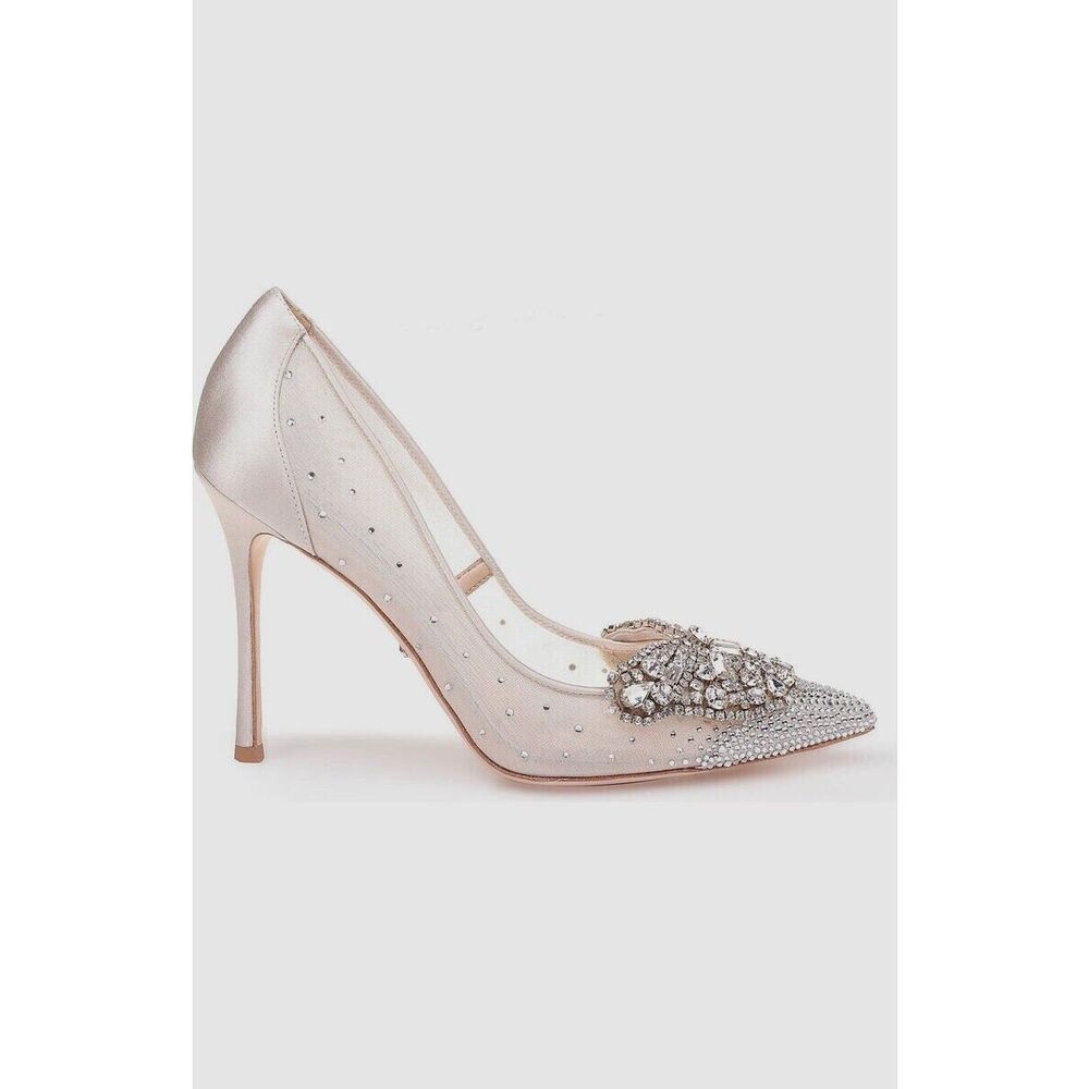 Badgley Mischka Quintana Latte Satin Rhinestone Wedding Shoes Women’s Sz 8